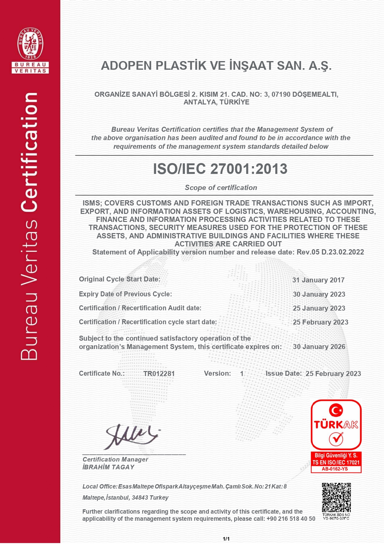 ISO 27001 TÜRKAK Belgesi